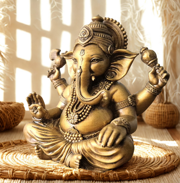 Side view of a handcrafted brass Lord Ganesha idol in a blessing pose, seated peacefully with intricate detailing, placed on a white cloth background — perfect for home decor, spirituality, and gifting. auraworks