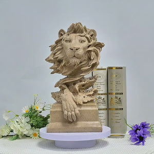 Decorative lion head sculpture on a shelf with books auraworks decor